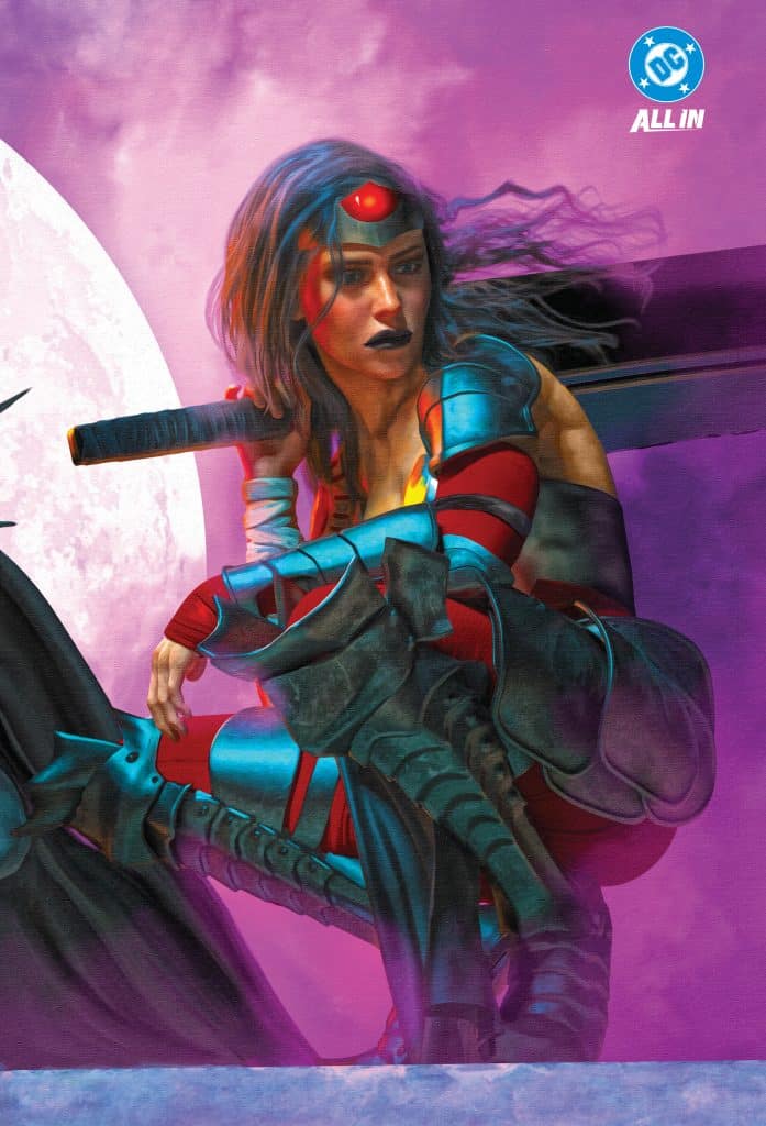 A warrior woman in an armored costume, featuring red and blue accents, poses dramatically while holding a sword. The background displays a vibrant purple sky with a large moon, enhancing the heroic atmosphere.