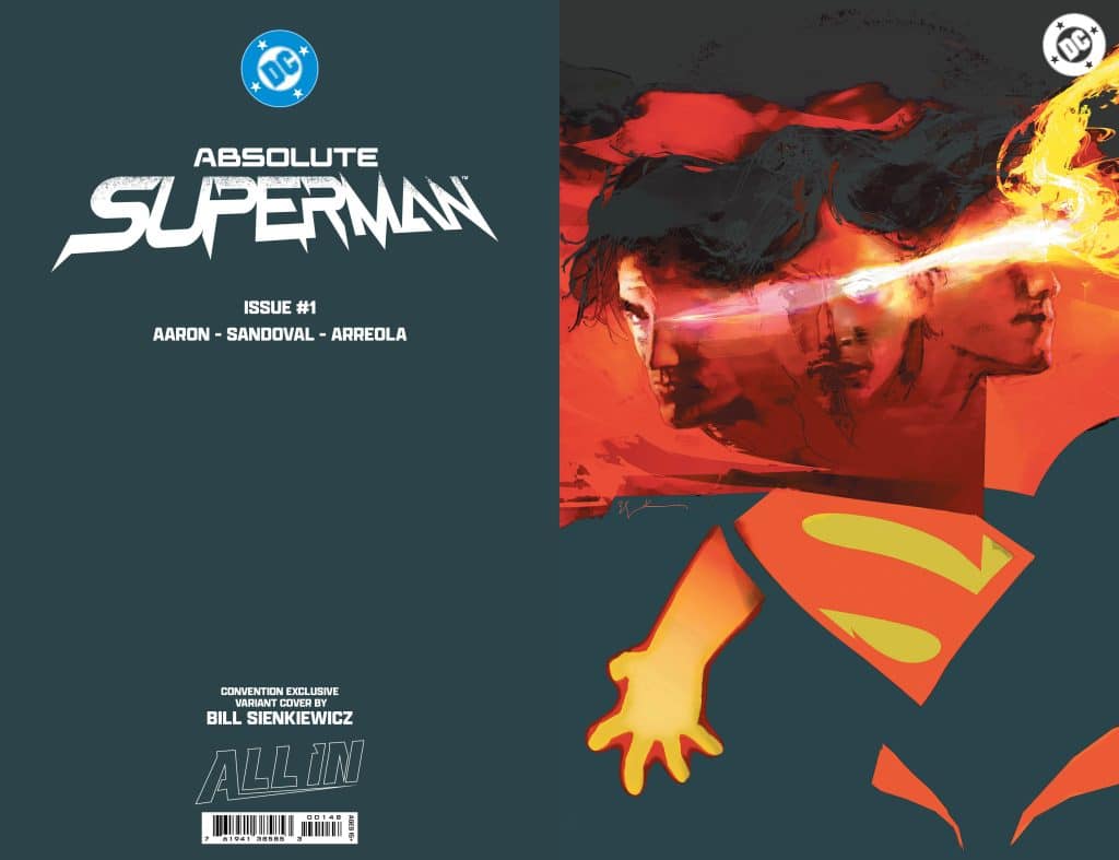 Comic book cover for 'Absolute Superman Issue #1' featuring stylized illustrations of Superman's face and a vibrant red and orange background.