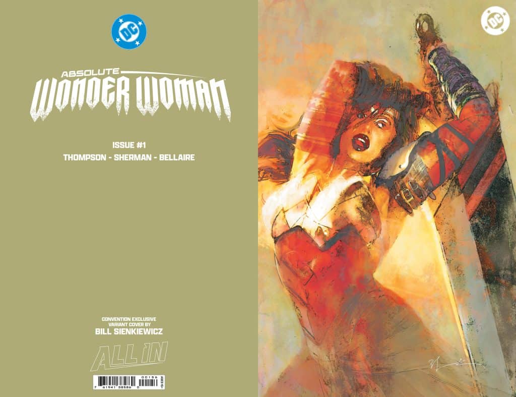 Comic book cover for 'Absolute Wonder Woman Issue #1' featuring an artistic depiction of Wonder Woman in dynamic pose, created by Bill Sienkiewicz.