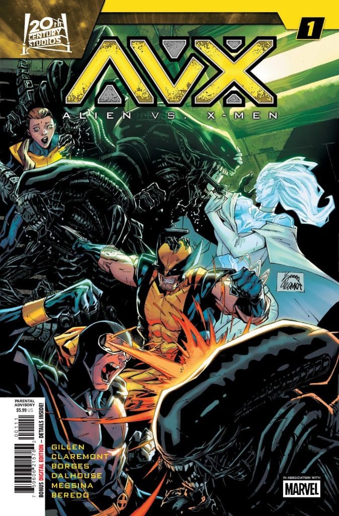 Cover of AVX: Alien vs. X-Men comic featuring Wolverine, characters in action with aliens, bold title design, and list of contributors.