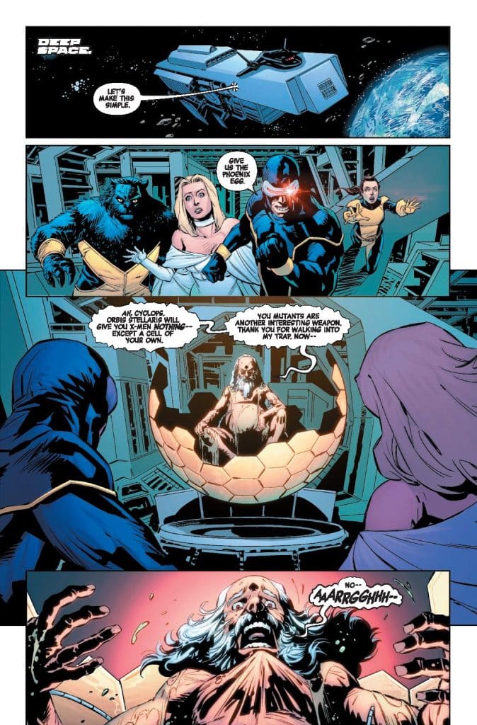 A scene from a comic book set in deep space, featuring characters Cyclops, Beast, and others confronting a villain. They are demanding the Phoenix egg, while a captive character, who appears distressed, is depicted inside a glowing egg. The background shows a spacecraft and space.