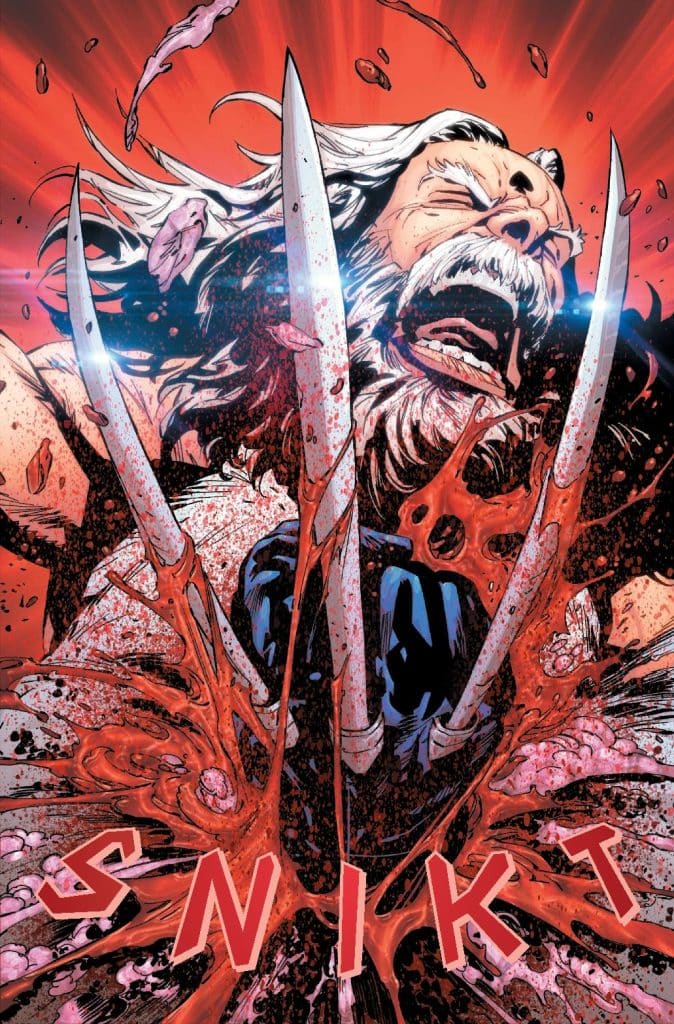 A close-up of a character with long white hair, screaming in agony as metallic claws emerge from a bloody explosion, highlighted by a dramatic red background and the word 'SNIKT' in bold letters.