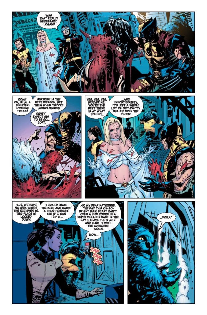 A comic book page featuring a tense scene with characters discussing a recent event. Wolverine and others are portrayed in a dynamic pose, with one character holding a bloodied weapon. The dialogue reveals underlying conflict and character dynamics.