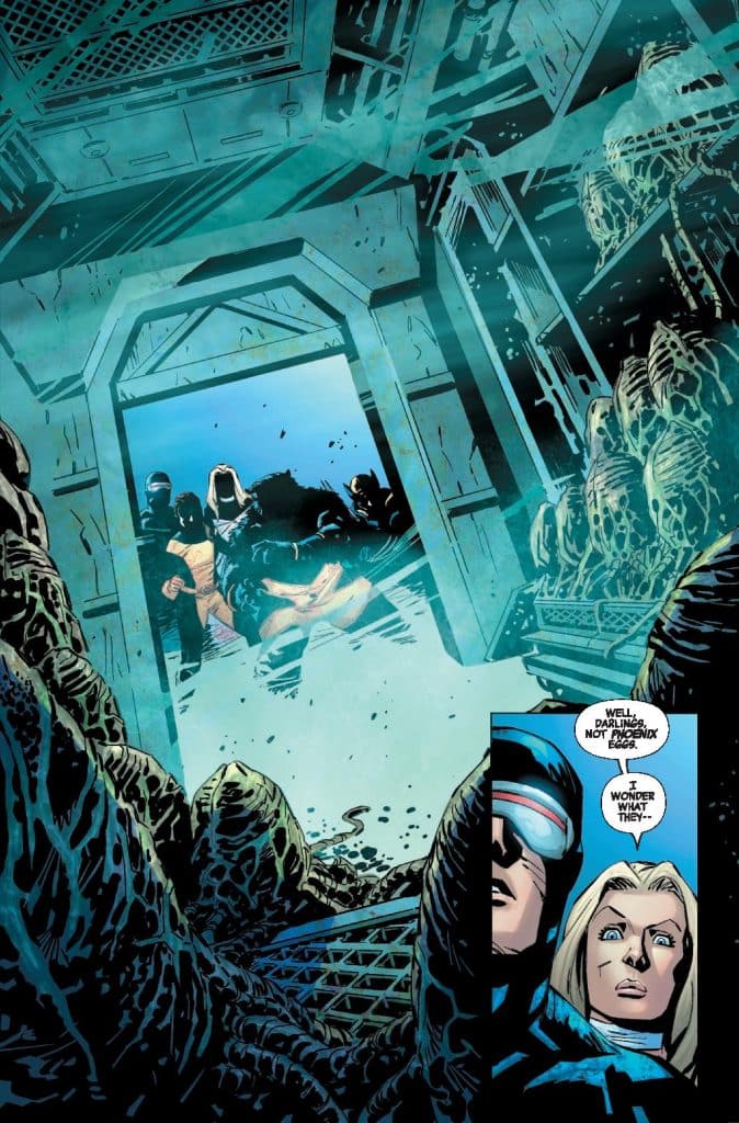 A dark, sci-fi scene depicting characters in a mysterious, eerie environment with organic structures and an open doorway revealing figures outside. A conversation bubble hints at tension and curiosity.