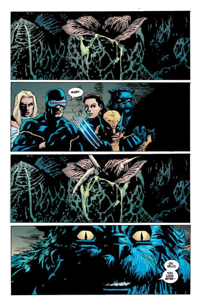 A comic book panel featuring a group of characters, including a man in a blue costume with a visor, a woman with long blonde hair, and a character with claws, looking alarmed as they encounter a large creature. The creature has a blue face and intense yellow eyes, while slime drips from plant-like features above them.