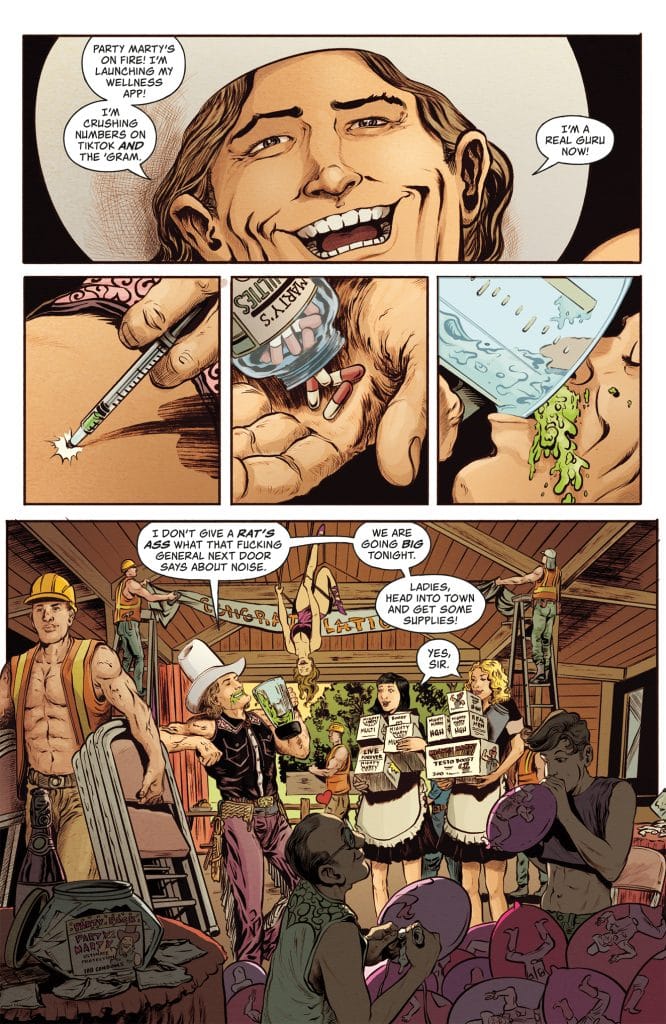 A comic panel featuring a grinning man with long hair promoting his wellness app, while others engage in various activities in a lively party setting.