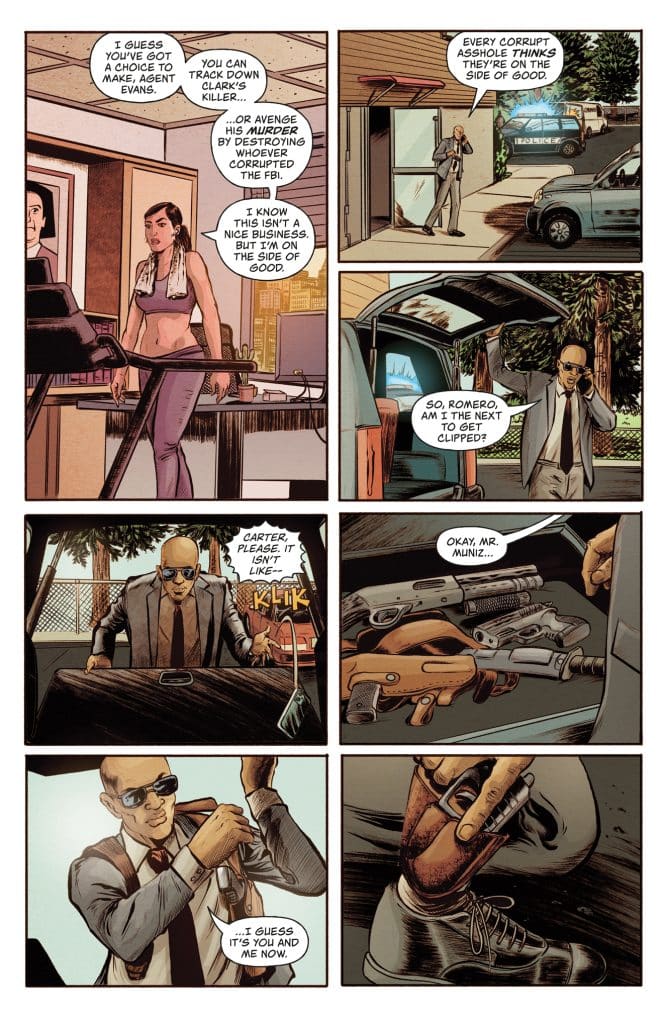 A comic panel depicting a conversation between two characters, one wearing a suit and sunglasses, the other in a casual outfit. The background shows a crime scene and a car. The suited character appears to be making a phone call, while the other is at a desk, expressing concern about a dangerous situation.