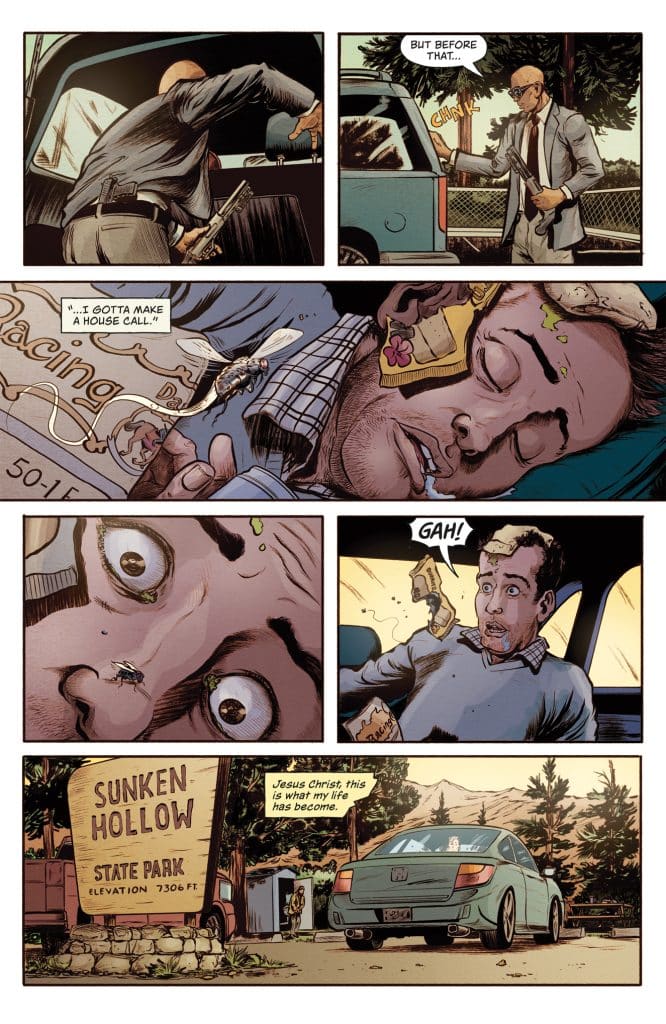 A comic book panel showing a man loading something into a car while another man in a suit stands nearby with a gun, looking apprehensive.