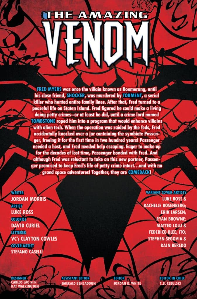 Cover image of 'The Amazing Venom' comic featuring red and black colors with a spider web design, showcasing the title and character information, including details about Fred Myers and his transformation from villain to anti-hero.