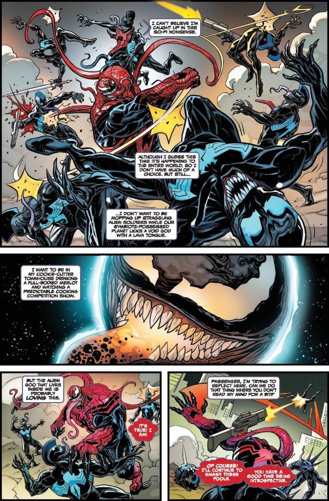 A comic book page featuring Spider-Man and Carnage engaging in a battle amidst alien characters and chaotic scenes. Speech bubbles display their banter, expressing confusion and frustration about their situation.