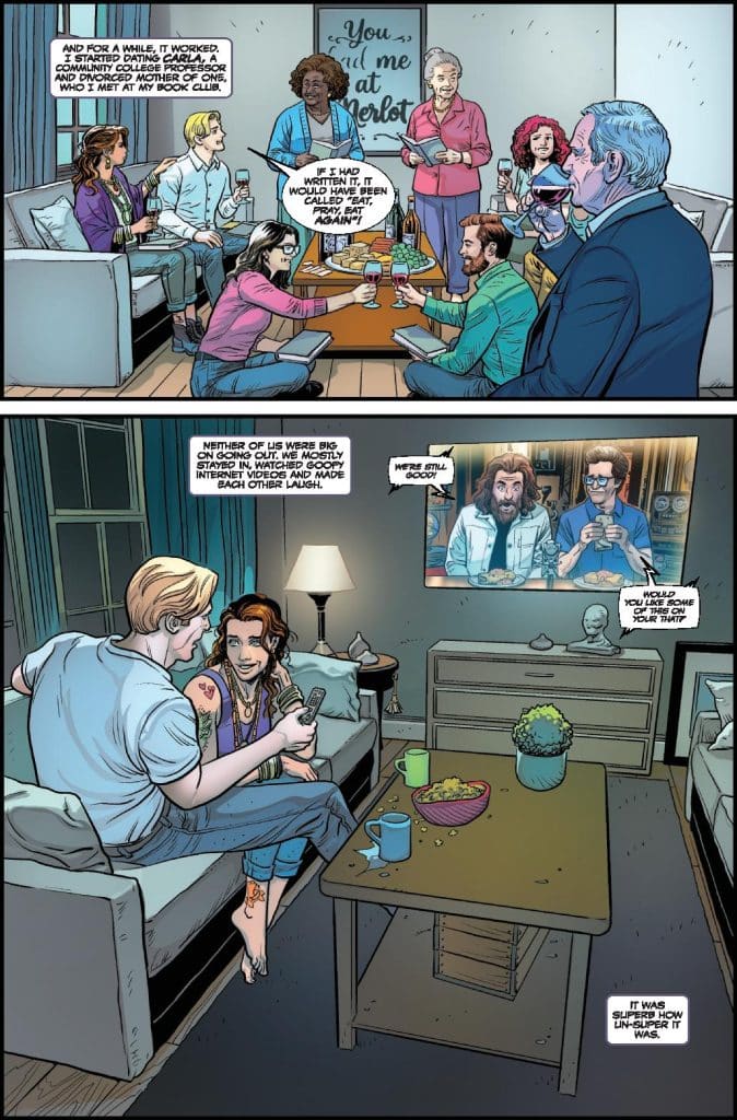 A scene from a comic book depicting a diverse group of friends socializing in a cozy living room, with two characters on a sofa sharing a moment. The room is warmly lit, featuring a coffee table with snacks and drinks. The background shows a TV playing content and other friends seated and engaged in conversation.