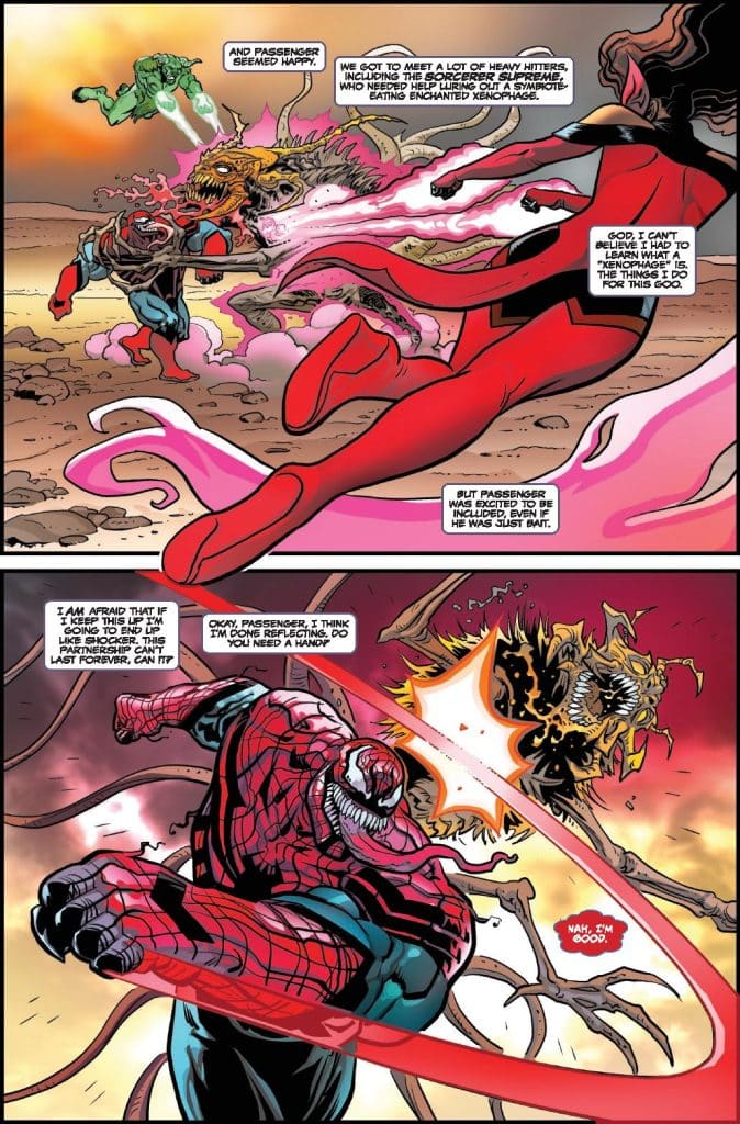 A dynamic comic book scene featuring a battle with characters wielding superpowers. One character, resembling Spider-Man, is engaging with a creature, while another character appears to be struggling in the background. The scene is vibrant with action and colorful explosions.