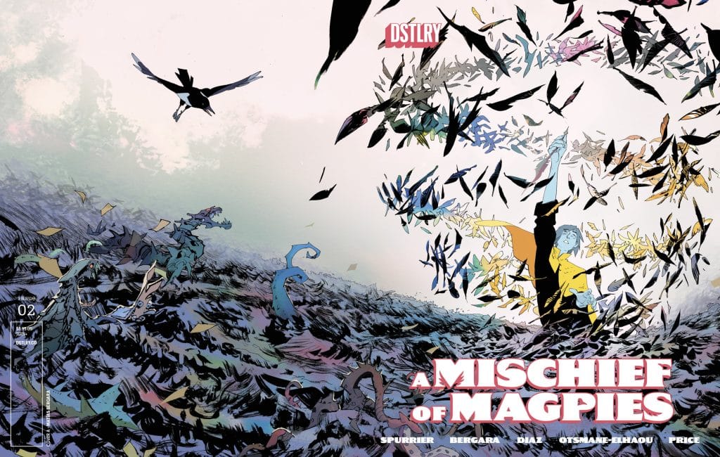 Cover art for 'A Mischief of Magpies' featuring a colorful abstract scene with a figure reaching upward amidst swirling leaves and flying birds.