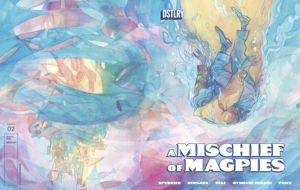 Cover of the comic 'A Mischief of Magpies,' featuring abstract water-themed artwork with a figure seemingly submerged and surrounded by swirling blue and pink hues. The title and issue number are prominently displayed at the bottom.
