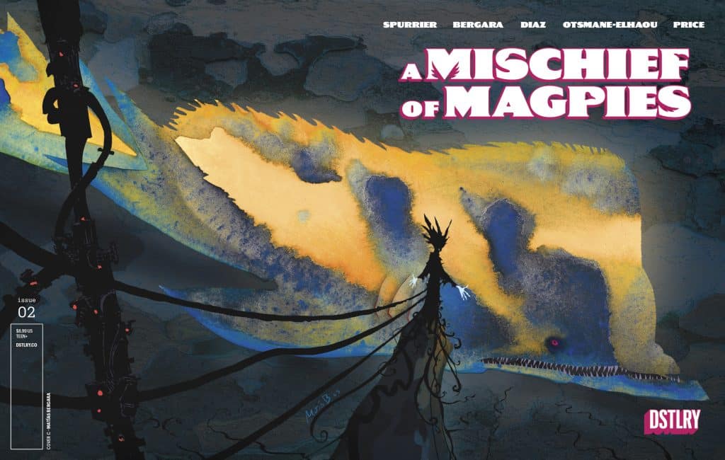 Cover art for 'A Mischief of Magpies' featuring dramatic watercolor illustrations of a large creature and a shadowy figure in a mysterious setting, with bold title text.