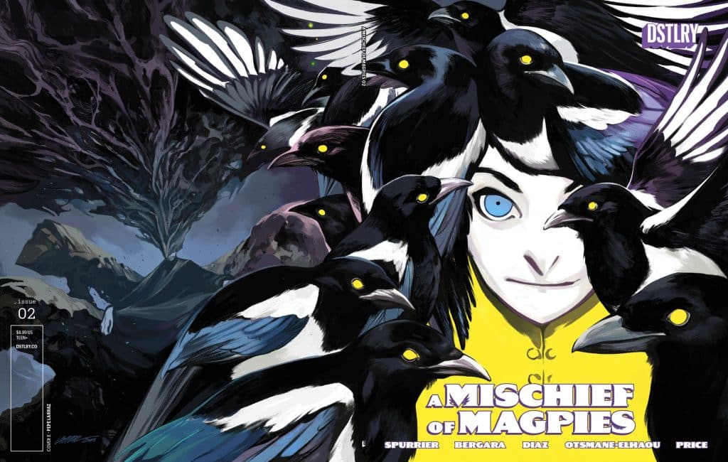 Comic book cover for 'A Mischief of Magpies' issue 02 featuring a character surrounded by magpies against a dark, mystical background.