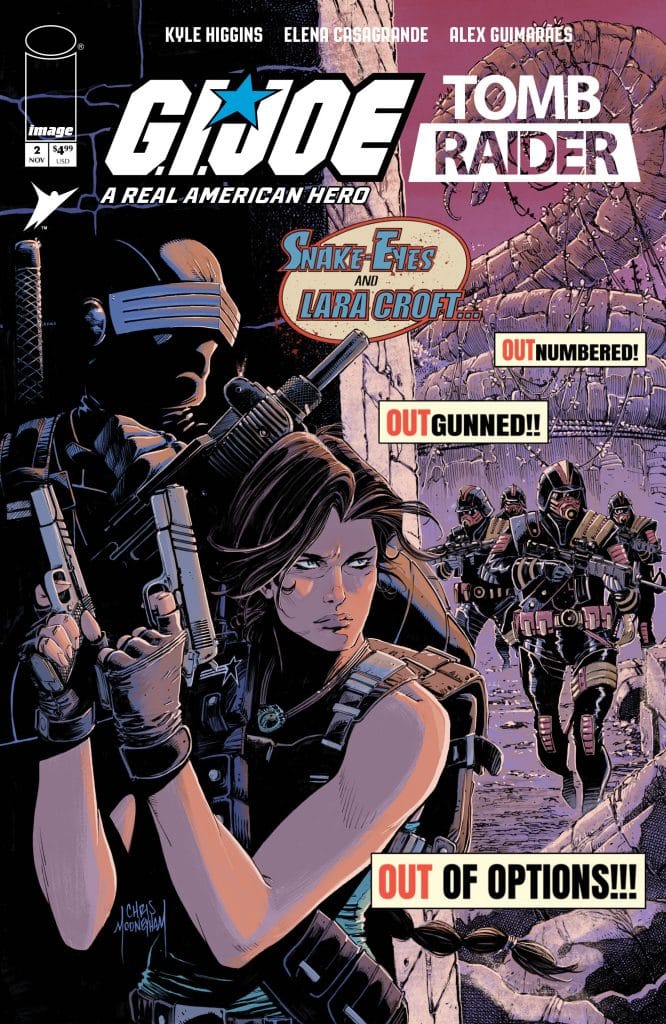Cover of the comic book 'G.I. Joe: A Real American Hero - Tomb Raider' featuring Snake Eyes and Lara Croft in a tense situation with armed characters in the background.