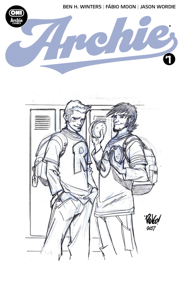 Cover of Archie comic #1 featuring two male characters standing in front of lockers, one holding a donut and the other a baseball glove.