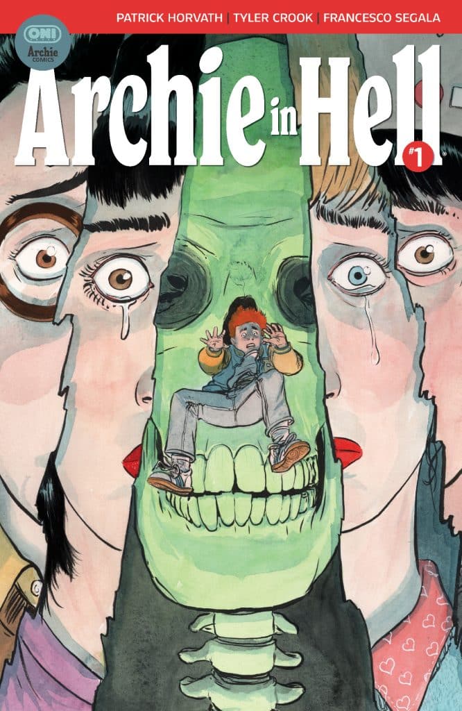 Comic book cover titled 'Archie in Hell #1', featuring a stylized illustration of Archie sitting inside a large green skull, surrounded by distorted faces in the background.