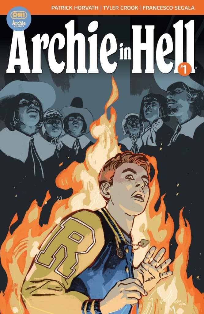 Cover art for 'Archie in Hell' #1 featuring a surprised young man in a varsity jacket amidst flames, with shadowy figures in the background.