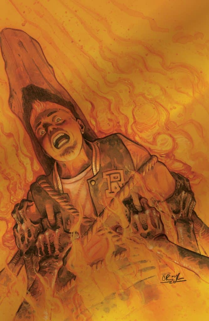 A distressed young man in a letterman jacket, engulfed by flames, with a terrified expression, surrounded by an orange and yellow backdrop.