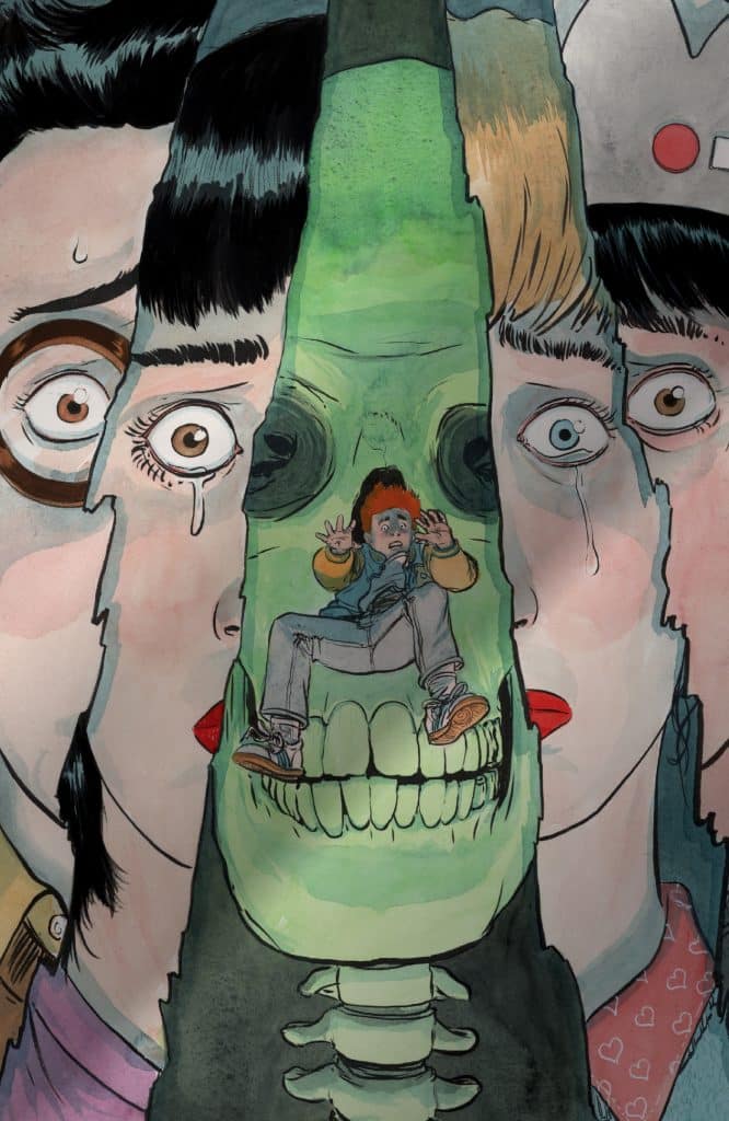 An illustration featuring multiple faces expressing fear, with a central skeletal figure. A small character is portrayed inside the skeletal mouth, appearing anxious and overwhelmed.
