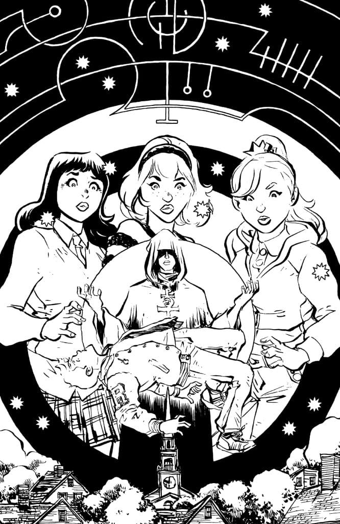 Black and white comic book illustration featuring four girls looking shocked or surprised, with a cloaked figure in the center holding an unconscious boy. The background includes star patterns and mystical symbols, along with a clock tower and houses at the bottom.