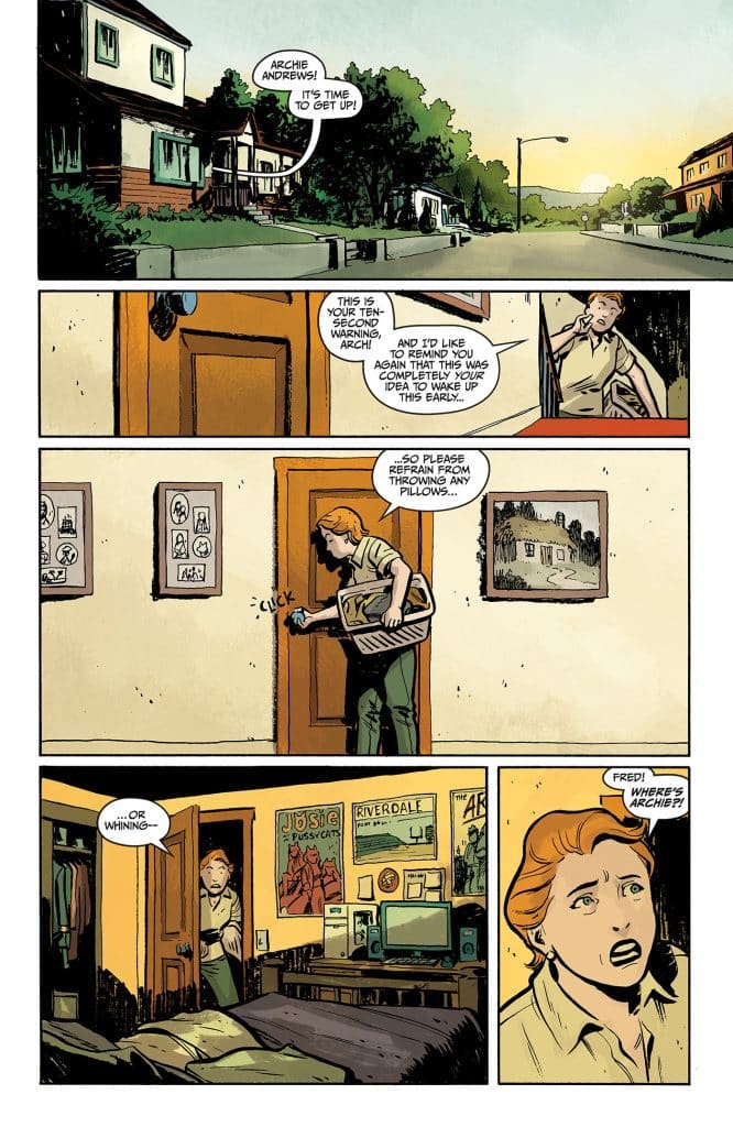 A comic panel showing a suburban house in the background with a character waking up inside. The character is holding a laundry basket and looking confused in a bedroom decorated with posters, while another character outside the door calls for Archie.