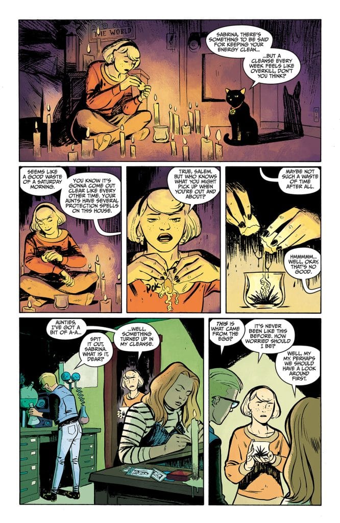 A comic book page featuring characters Sabrina and her cat Salem, surrounded by candles and discussing cleansing rituals. Sabrina appears focused while holding a candle, with dialogue about energy and potential dangers.