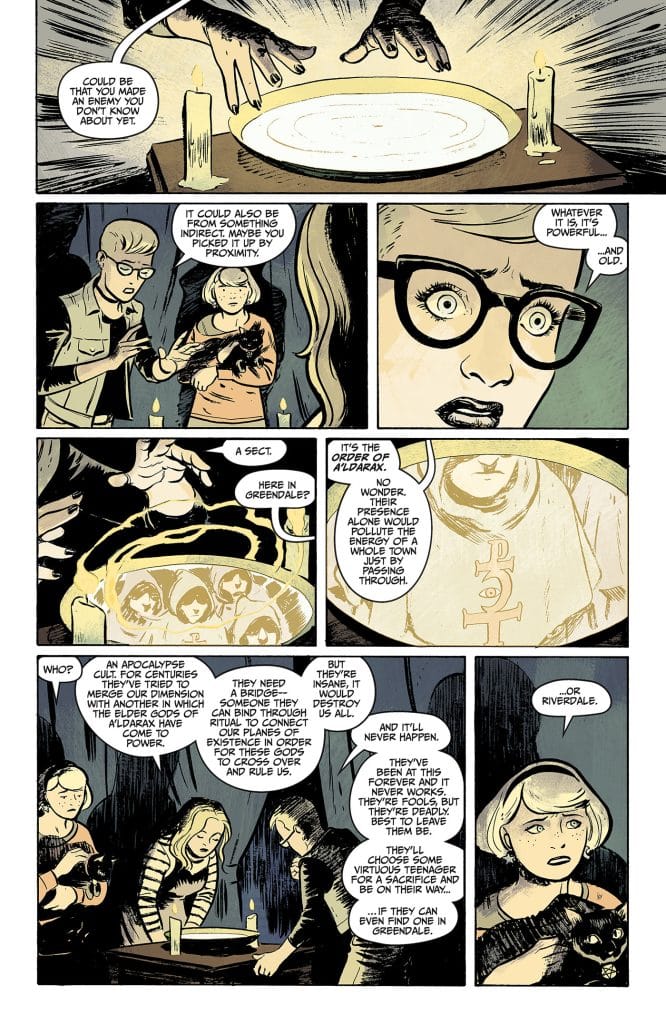 A comic book page depicting a mysterious gathering with characters discussing a powerful, ancient force. Candles illuminate a central dish as a woman expresses concern about an ominous cult, the Order of Aldarak, and their dark intentions. Characters display varied emotions, including fear and disbelief, while pondering the implications of their situation.