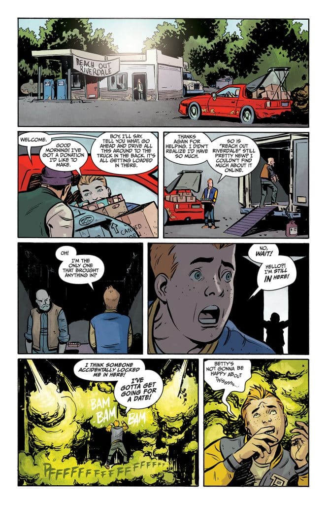A comic panel depicting a scene outside a donation center called 'Reach Out Riverdale' with a red truck parked nearby and characters interacting inside and outside the building.