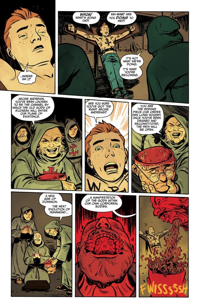 A comic panel showing a young man, Archie Andrews, strapped to a table, looking confused and alarmed. Shadowy figures in cloaks surround him, discussing a transformation and evolution of humankind. A character holds a bowl, while another looks distressed. The scene conveys a sense of tension and mystery.