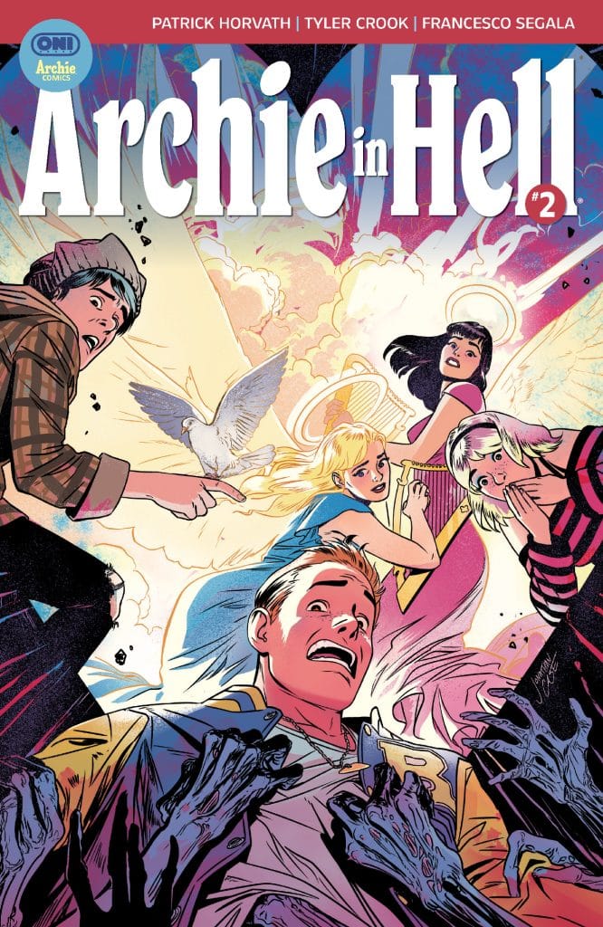Cover of 'Archie in Hell' #2 featuring Archie and four female characters, with Archie appearing frightened and surrounded by dark, skeletal hands. The background shows a dramatic, colorful sky.