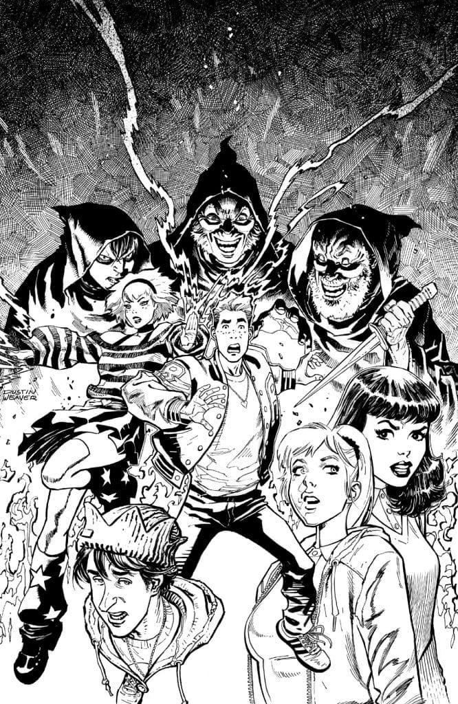 Illustration featuring a group of diverse characters in a comic style, with a central male figure surrounded by several females and shadowy antagonists in the background.