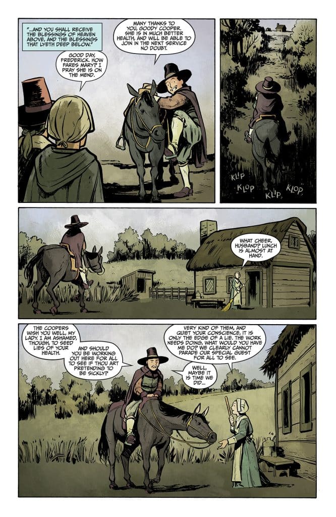 A comic strip depicting a conversation between two characters, one on a horse and the other standing beside a house. The horseman is dressed in period clothing, and the scene includes rural scenery with trees and a farmhouse.