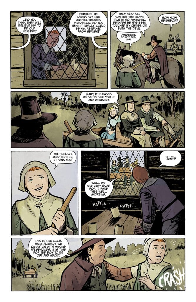 A comic panel featuring several characters discussing a boy's extraordinary story. One character questions if the boy could be their returned nephew, while others express concern and curiosity. The setting appears to be a rural area, with characters dressed in historical attire.