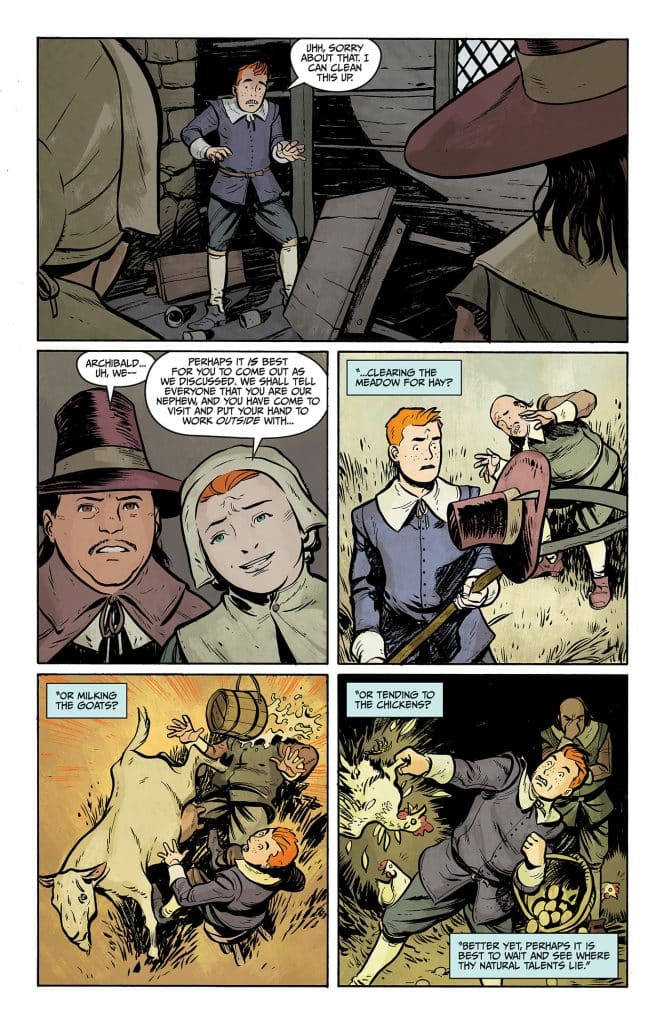 A comic strip depicting a scene where a young boy apologizes for mess and is suggested to work outside. Various characters discuss tasks like clearing a meadow, milking goats, and tending to chickens.