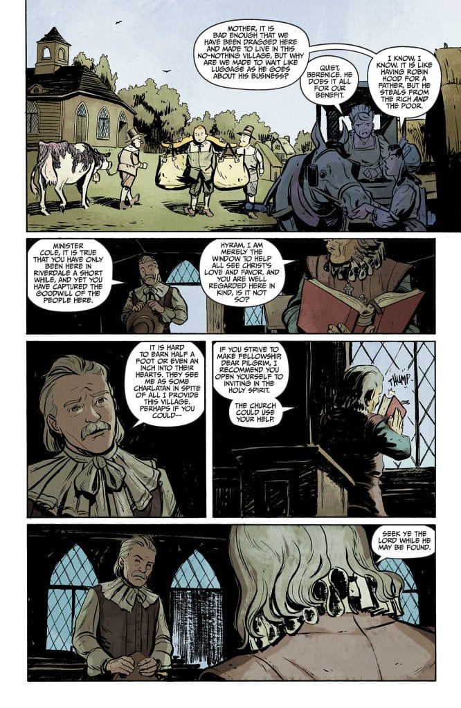 A comic page featuring dialogue between several characters in a rural setting, discussing their struggles and the role of a minister in a community. The scene includes a minister, townspeople, and elements of countryside life.
