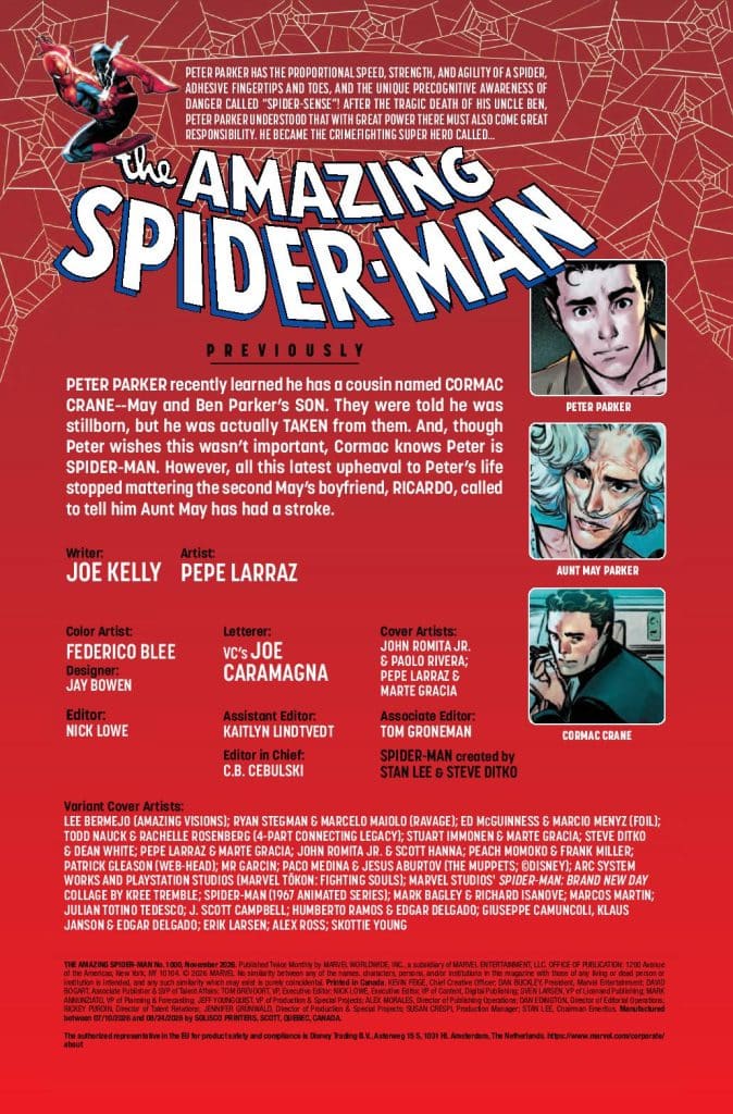 Comic book page featuring 'The Amazing Spider-Man' title, with illustrations of Peter Parker, Aunt May Parker, and Cormac Crane. The text discusses Peter Parker's abilities and family connections, along with credits for the creative team involved.