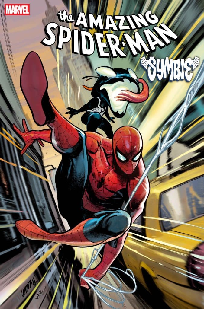 A dynamic comic book cover featuring Spider-Man swinging through a city street with vibrant colors and action lines, accompanied by a symbiote character in the background.