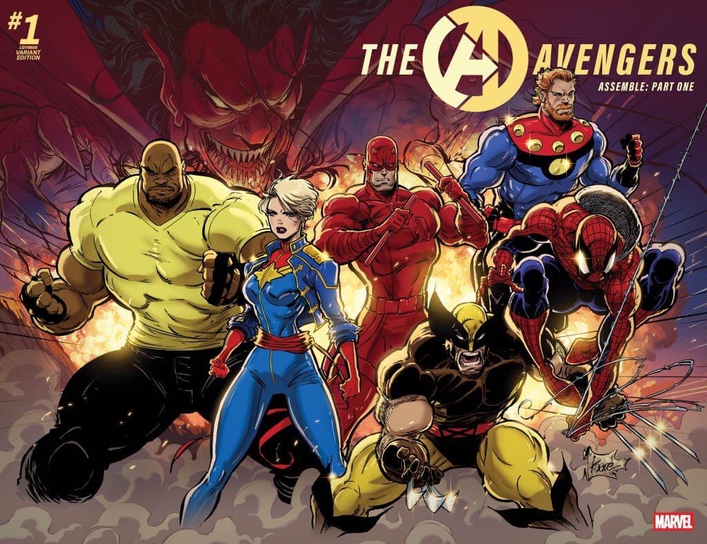 Comic cover featuring the Avengers characters in dynamic poses, including a muscular figure in yellow, a blonde woman in a blue and red suit, and Spider-Man, surrounded by vibrant explosions and a menacing red figure in the background.