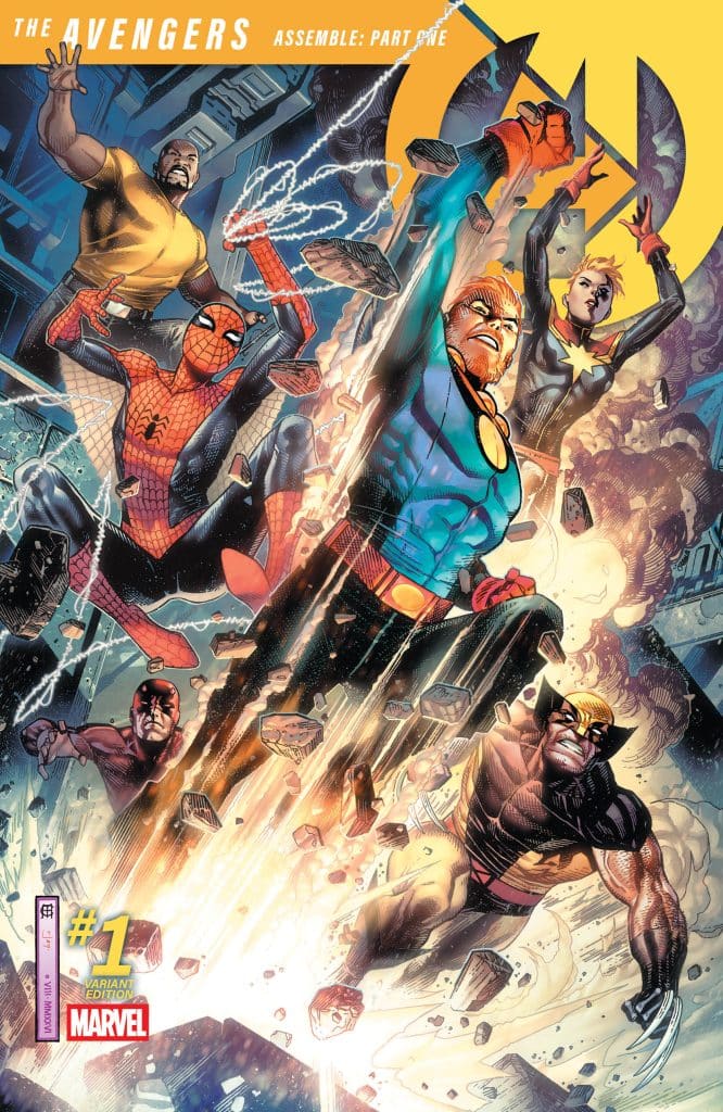 A dynamic comic book cover featuring multiple superheroes, including Spider-Man, Captain Marvel, and Wolverine, in a dramatic action pose amidst flying debris, with the Avengers logo prominently displayed.
