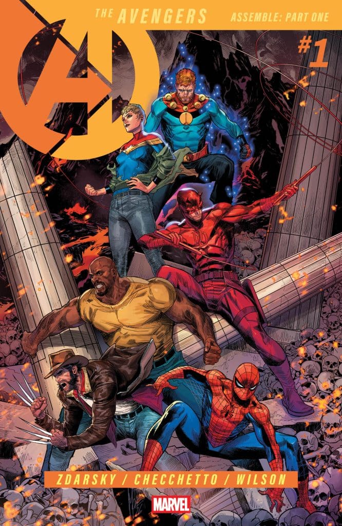Cover of 'The Avengers #1' comic book featuring several superheroes, including characters in dynamic poses against a rocky background with explosions and skulls.