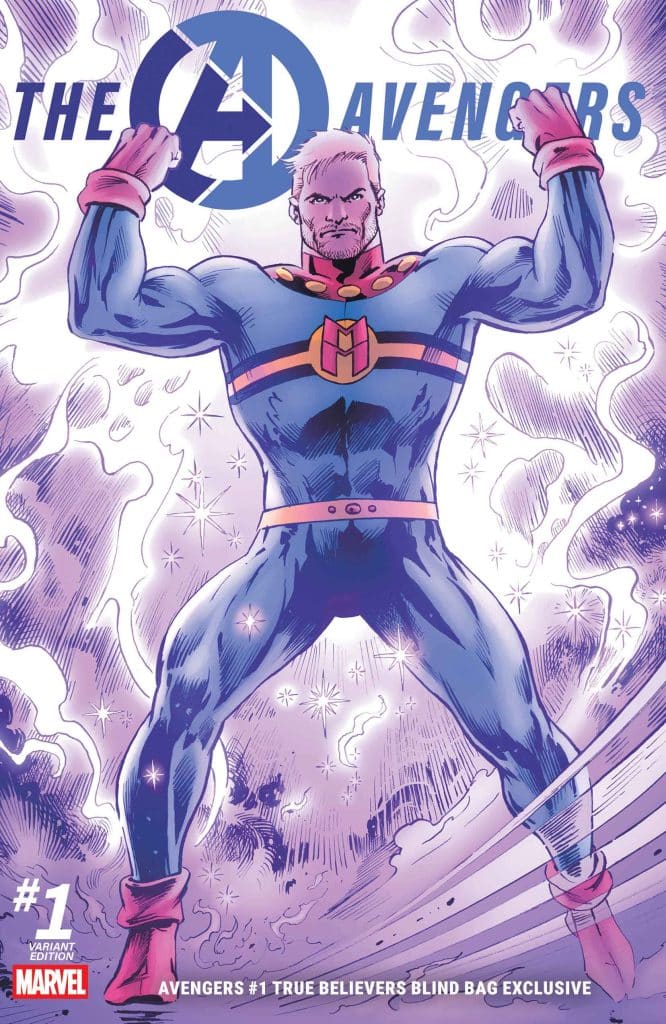 A superhero in a blue costume with red and orange accents flexes his muscles amidst a colorful, cosmic background. The title 'The Avengers' is prominently displayed above.