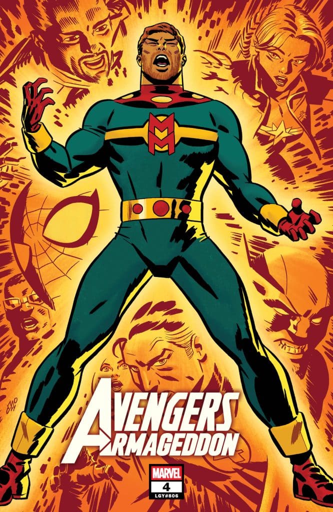 Comic book cover featuring a superhero in a colorful costume, striking a powerful pose against a vibrant background with characters' faces behind him. The title 'Avengers Armageddon' is prominently displayed at the bottom.