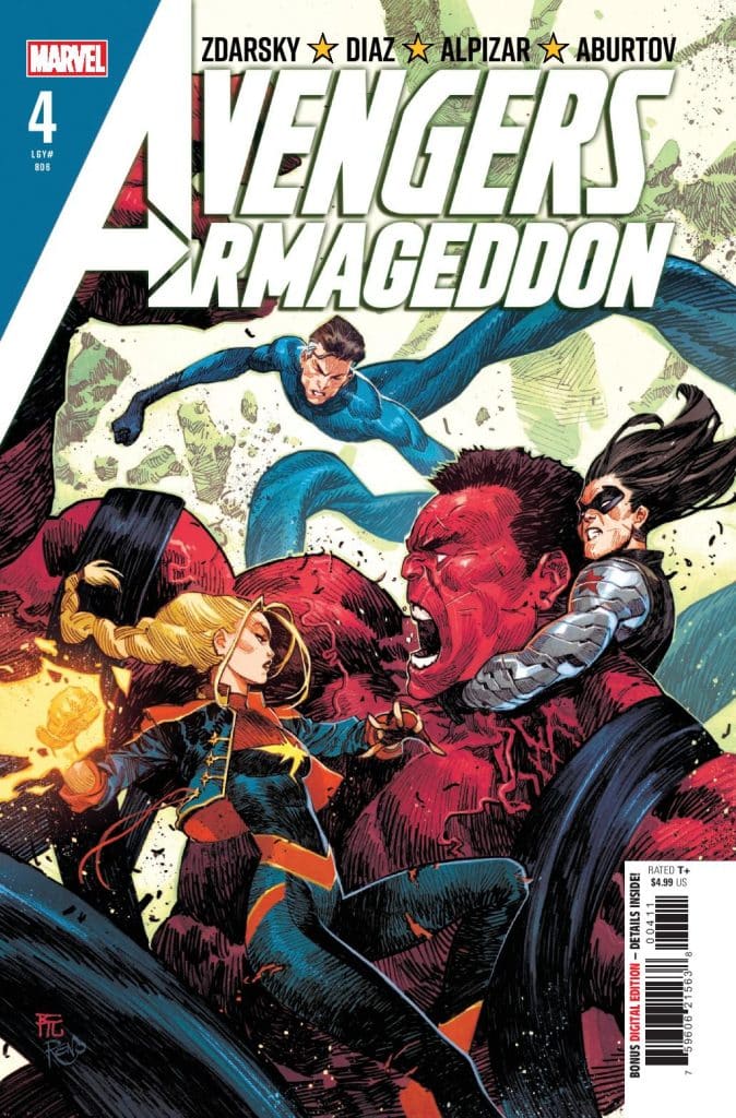 Cover of 'Avengers: Armageddon' comic issue #4 featuring Captain Marvel and a battle scene with a red-skinned character and other heroes.