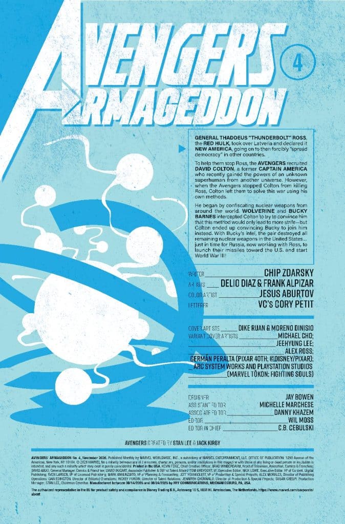 Cover page of 'Avengers: Armageddon' comic book featuring the title prominently at the top, with a blue background and abstract designs. Below the title, details about the creative team, including the writer, artists, and designers, are listed.