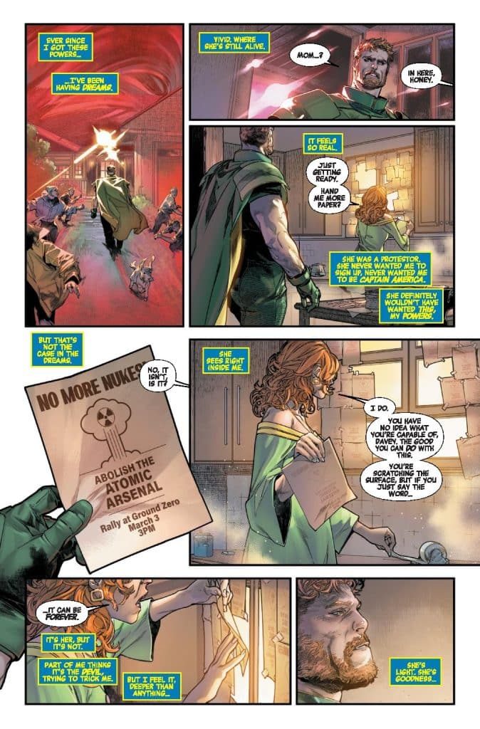 A comic book page showcasing a conversation between two characters, one with superpowers and the other resembling their mother, discussing dreams and powers while a protest flyer about nuclear disarmament is visible.