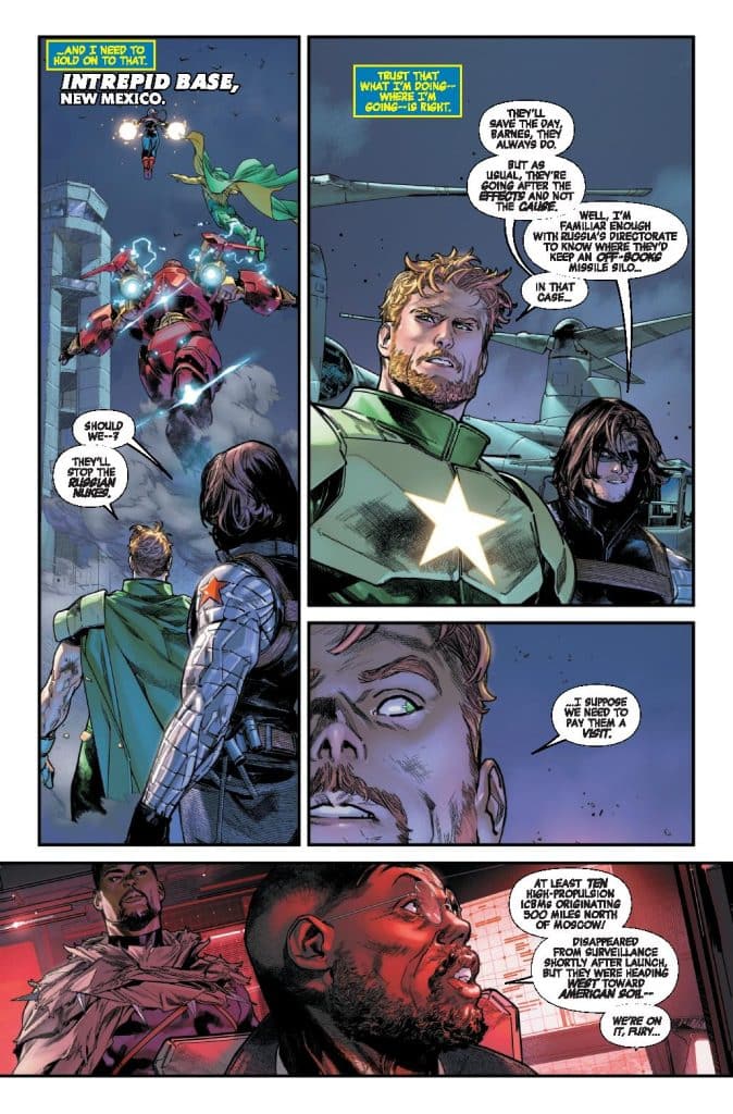 Comic panel featuring superheroes in a conversation at the Intrepid Base in New Mexico, with scenes of action and tension.
