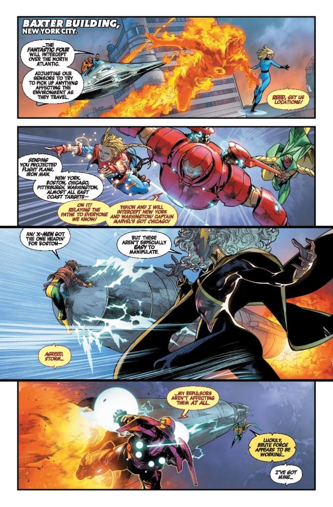 A dynamic scene depicting superheroes including Iron Man, Captain Marvel, and Storm engaged in a battle near the Baxter Building in New York City. Explosions and energy blasts create an action-packed atmosphere as they strategize to intercept threats across various cities.